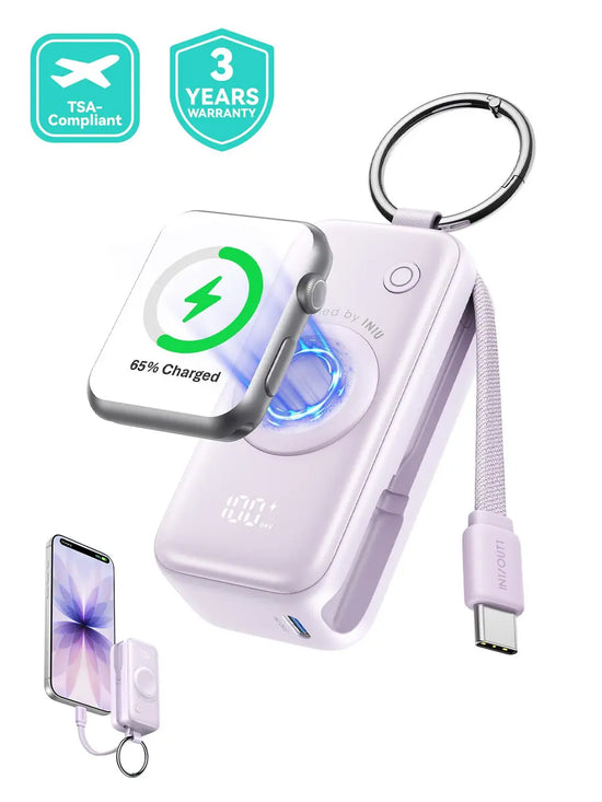 INIU P81 Snapgo Mini 5000Mah Power Bank with Keychain for Apple Watch Ultra SE 2/3 Series Iphone Air 8 ~ 17 Airpods Series 20W Built-In USB C Cable Fast Charge Portable Charger Travel EDC Battery Pack Phone Charger Valentine&