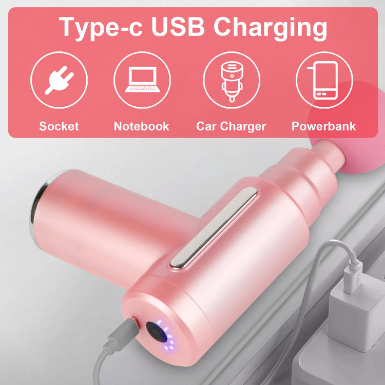 1pc Pink Massage gun Type - C rechargeable percussion on muscles percussion on back of neck head handheld hammer massager athletes - GBTech