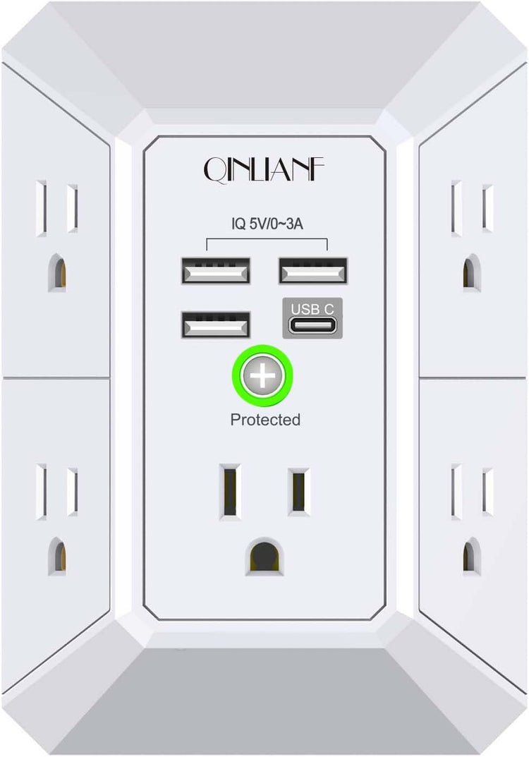 Wall Charger, Surge Protector, 5 Outlet Extender with 4 USB Charging Ports, 3-Sided 1680J Power Strip Multi Plug Adapter Spaced for Home Travel Office