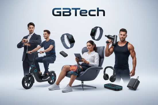 Help me generate banner for Wristwatches, Electronic Mini Bike, Rechargeable Heated Knee Massager, Percussion Massage Gun , make it more professional and attractive add real human being and add all the store product with the store name