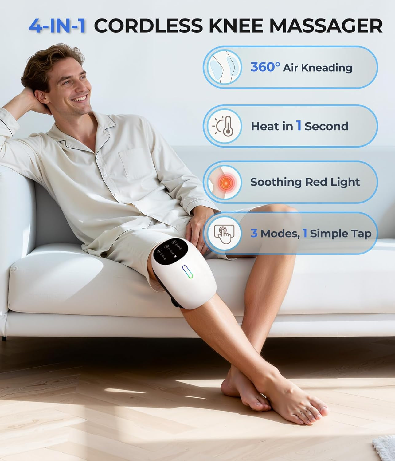 Cordless 360° Knee Massager with 1-Second Heat & Red Light Therapy for Joint Pain Relief, 3 Intensities Ideal for Athletes, Seniors, Active Adults