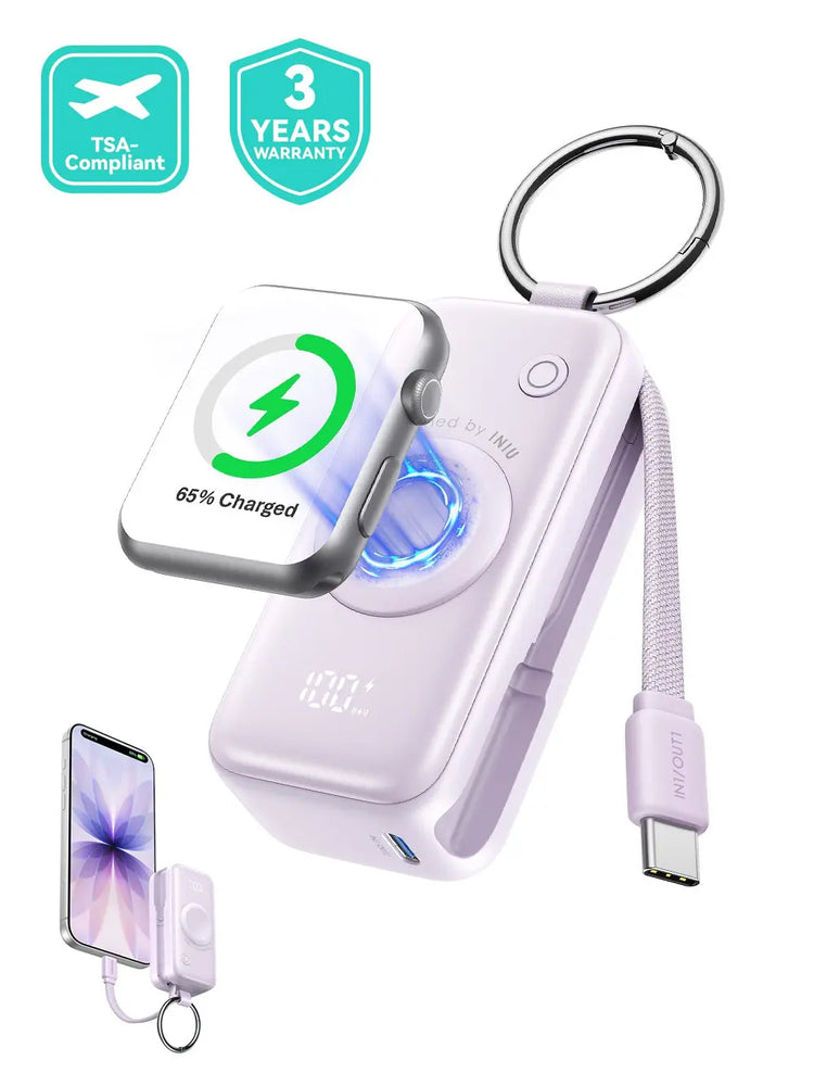 INIU P81 Snapgo Mini 5000Mah Power Bank with Keychain for Apple Watch Ultra SE 2/3 Series Iphone Air 8 ~ 17 Airpods Series 20W Built-In USB C Cable Fast Charge Portable Charger Travel EDC Battery Pack Phone Charger Valentine&