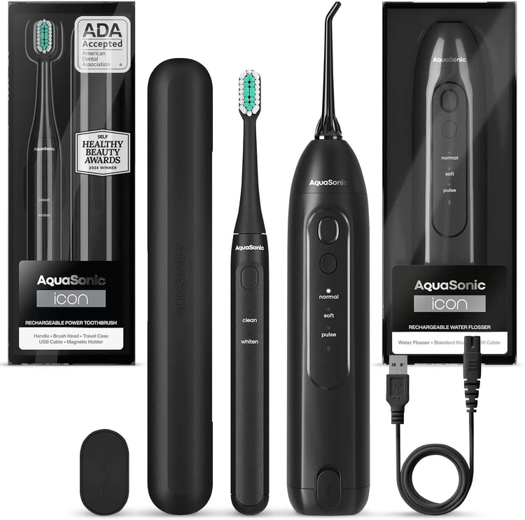Aquasonic ICON Electric Toothbrush & Water Flosser Bundle - Travel Case, Charging Cord Daily Oral Daily Oral Cleansing