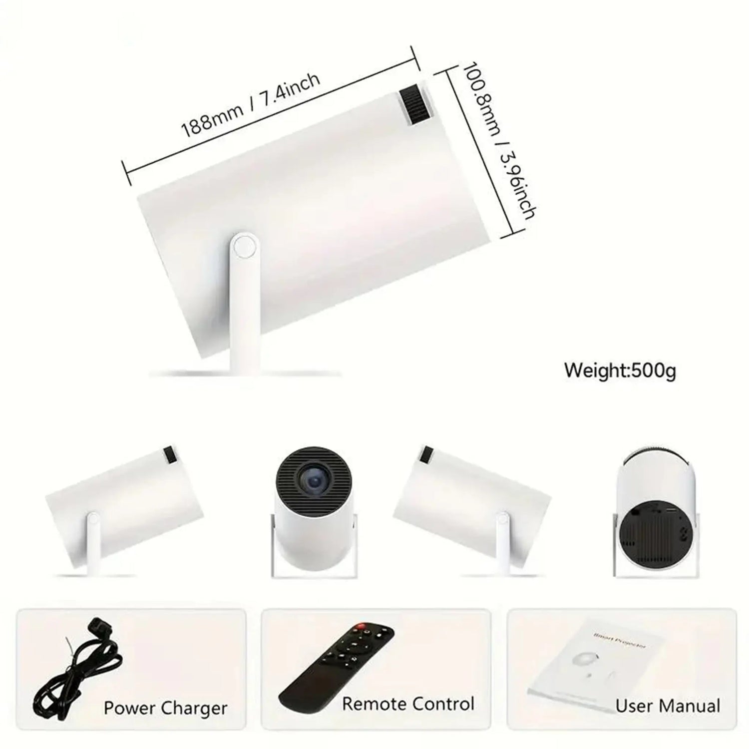 Mini Portable Projector Wifi 6 BT 5.2 Upgraded Full HD Supported for Phone PC TV HDMI PS5 Laptop Home Theater 180° Rotation Built-In App White