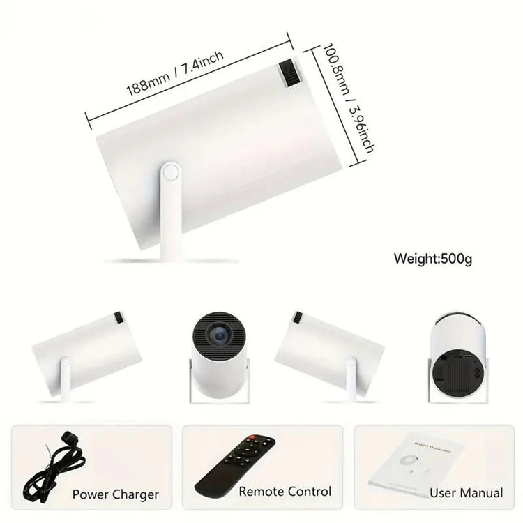 Mini Portable Projector Wifi 6 BT 5.2 Upgraded Full HD Supported for Phone PC TV HDMI PS5 Laptop Home Theater 180° Rotation Built-In App White