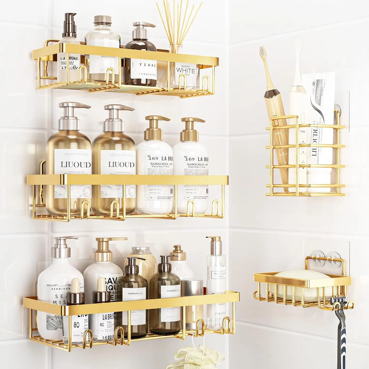 2026 Petit Bits Pink 5-Pack Rust-Proof Waterproof Shower Caddy Storage Rack with Toothbrush Soap Holder Durable Stainless Steel No Drilling Easy Installation Large Capacity Minimalist Design Bathroom Accessories Set Hollow