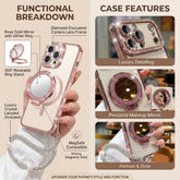 Luxury Shiny Mirror Iphone with Foldable Stand for Iphone 17 16 15 Pro Max - Aesthetic Makeup Cover for Women & Girls Anti-Fall Bow Pattern Game Design Four-Corner Shockproof Magnetic Phone Case Dust Proof Bracket Cool Leopard Print