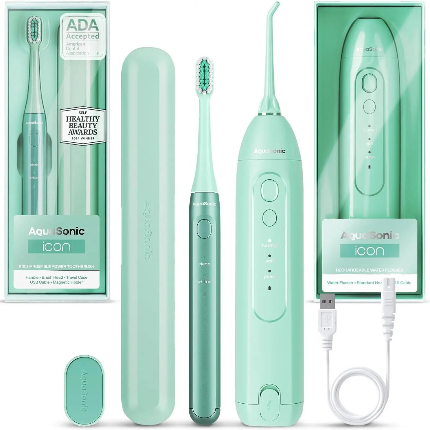 Aquasonic ICON Electric Toothbrush & Water Flosser Bundle - Travel Case, Charging Cord Daily Oral Daily Oral Cleansing