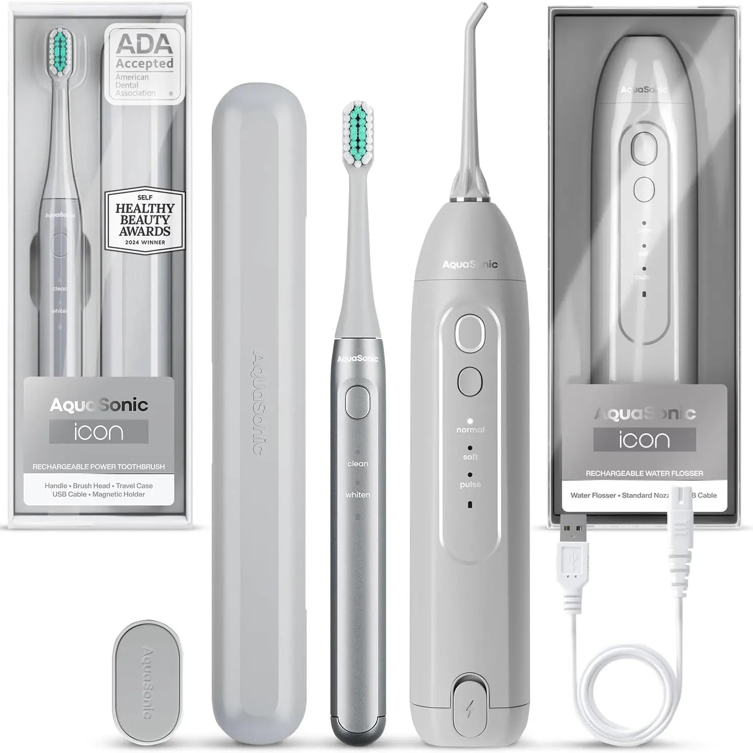 Aquasonic ICON Electric Toothbrush & Water Flosser Bundle - Travel Case, Charging Cord Daily Oral Daily Oral Cleansing