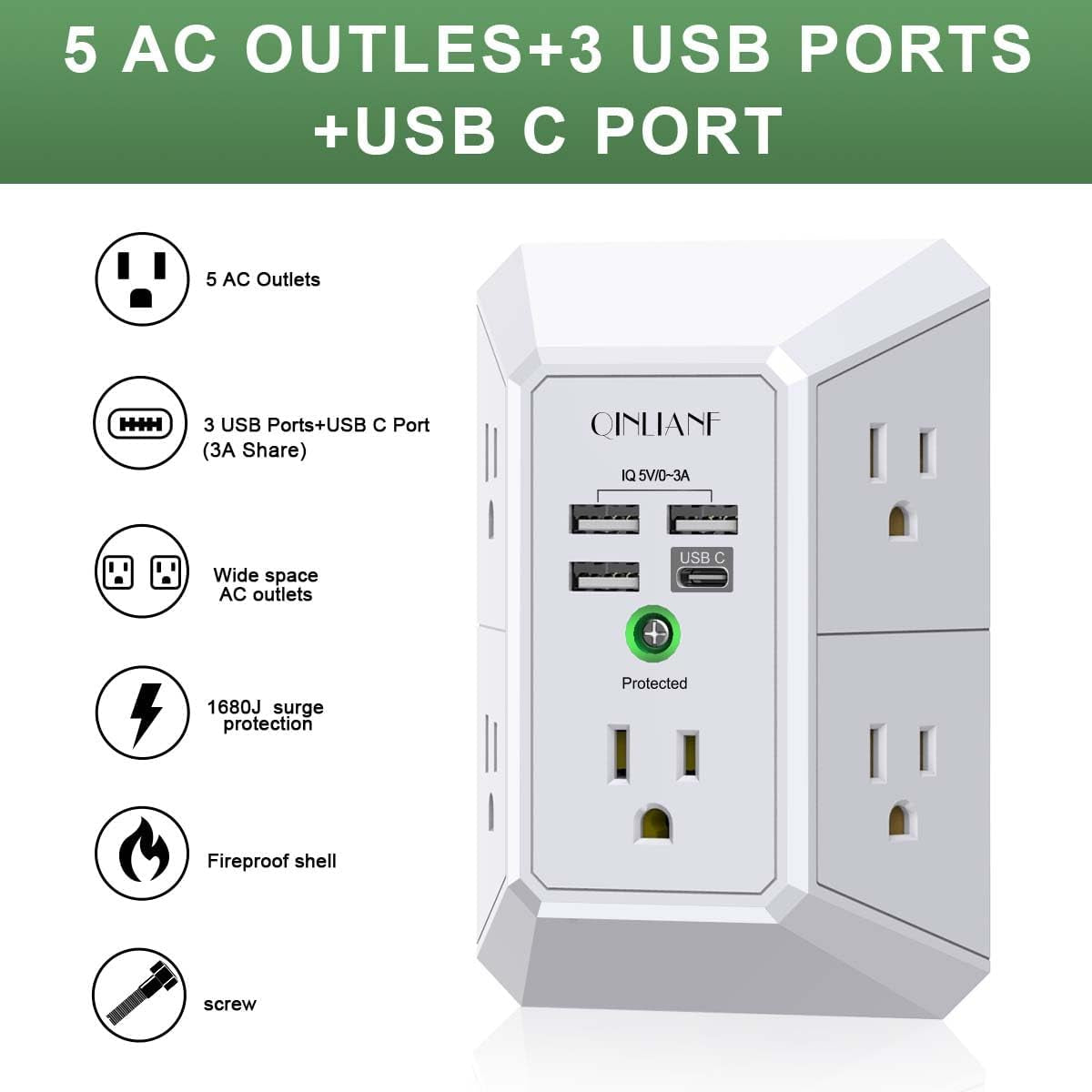 Wall Charger, Surge Protector,  5 Outlet Extender with 4 USB Charging Ports, 3-Sided 1680J Power Strip Multi Plug Adapter Spaced for Home Travel Office