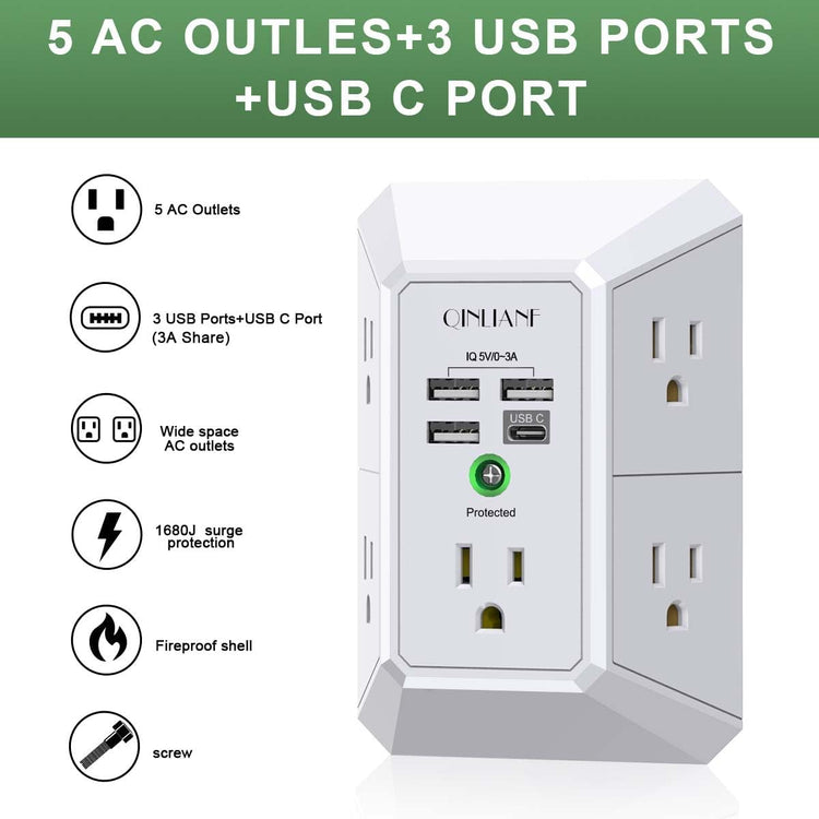 Wall Charger, Surge Protector,  5 Outlet Extender with 4 USB Charging Ports, 3-Sided 1680J Power Strip Multi Plug Adapter Spaced for Home Travel Office
