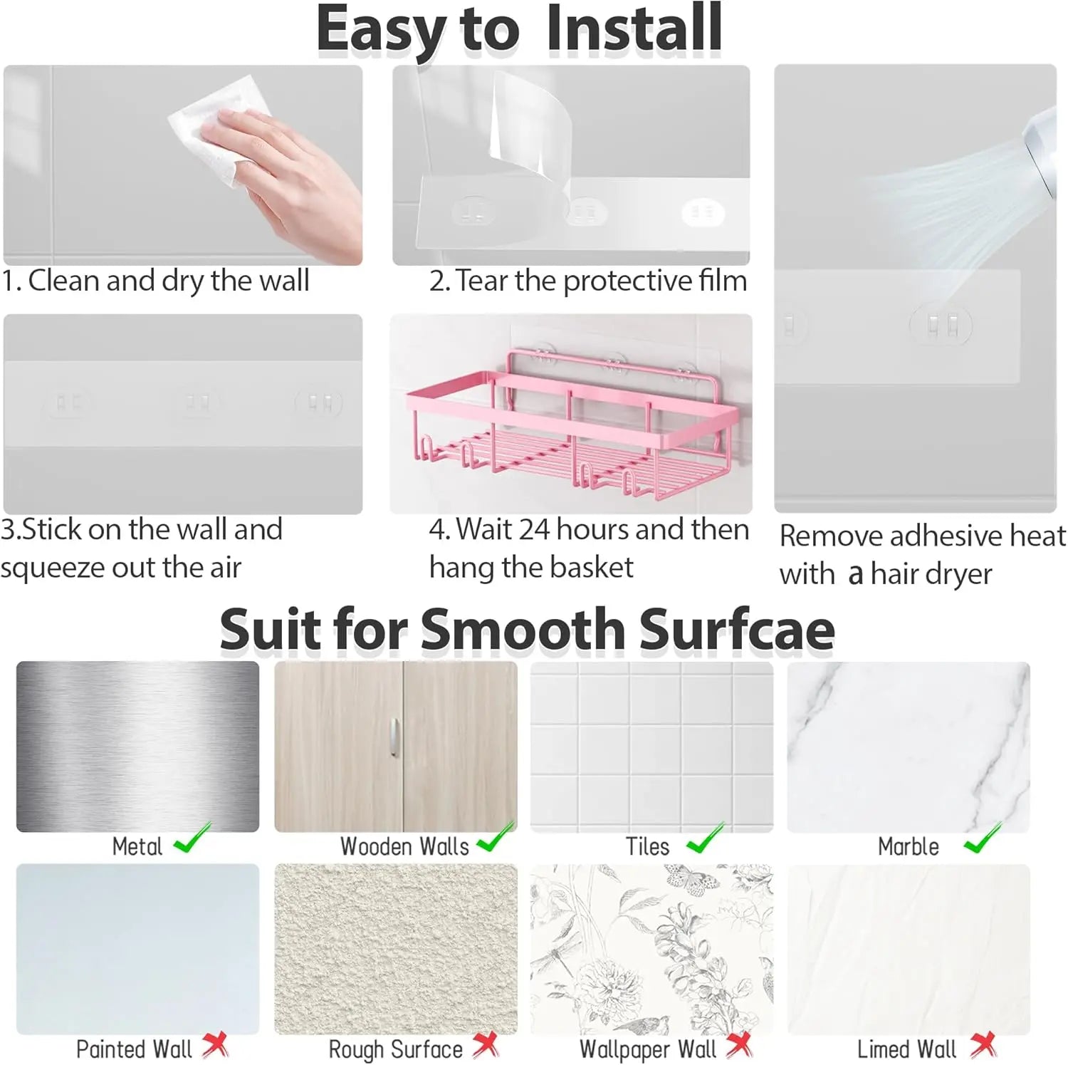 2026 Petit Bits Pink 5-Pack Rust-Proof Waterproof Shower Caddy Storage Rack with Toothbrush Soap Holder Durable Stainless Steel No Drilling Easy Installation Large Capacity Minimalist Design Bathroom Accessories Set Hollow