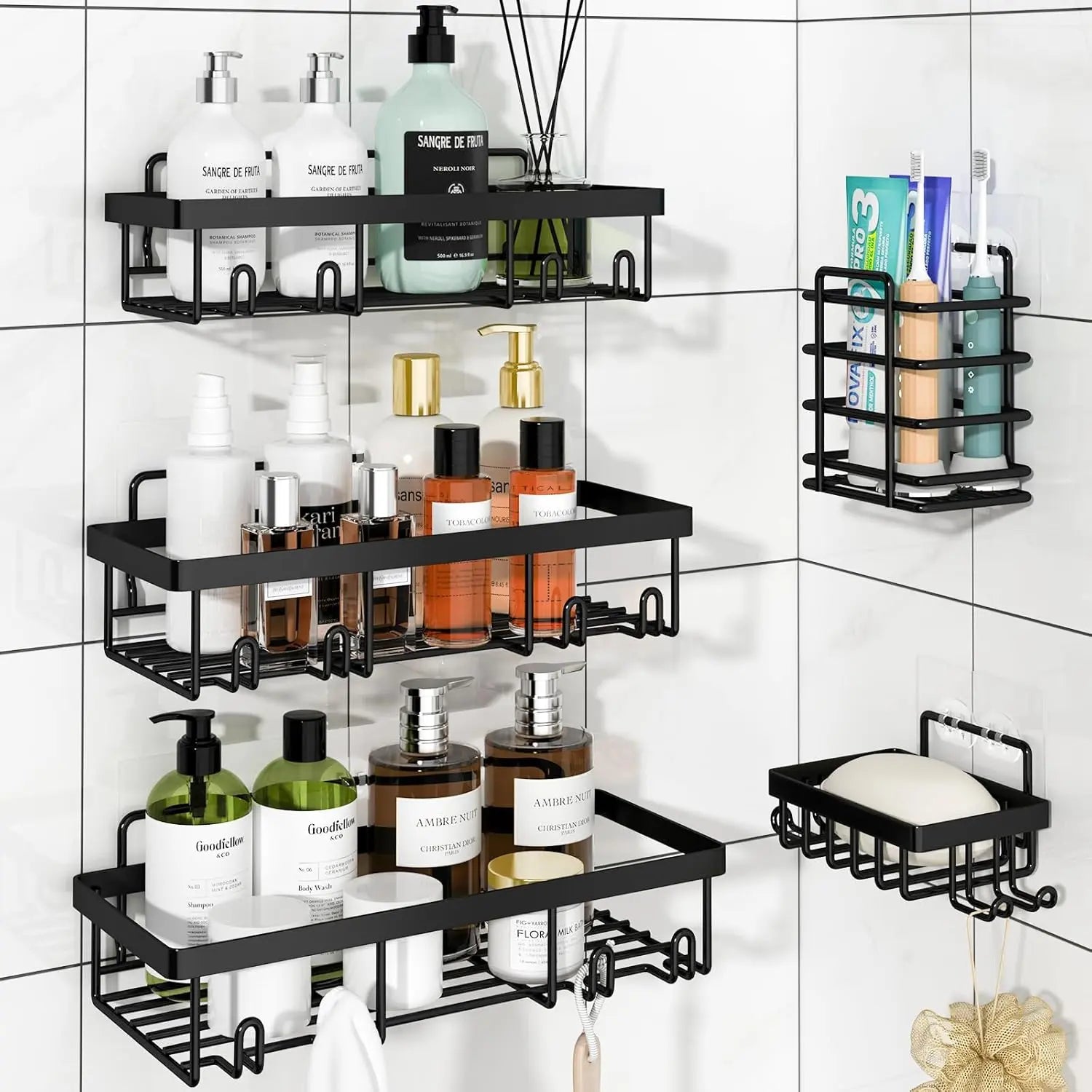 2026 Petit Bits Pink 5-Pack Rust-Proof Waterproof Shower Caddy Storage Rack with Toothbrush Soap Holder Durable Stainless Steel No Drilling Easy Installation Large Capacity Minimalist Design Bathroom Accessories Set Hollow