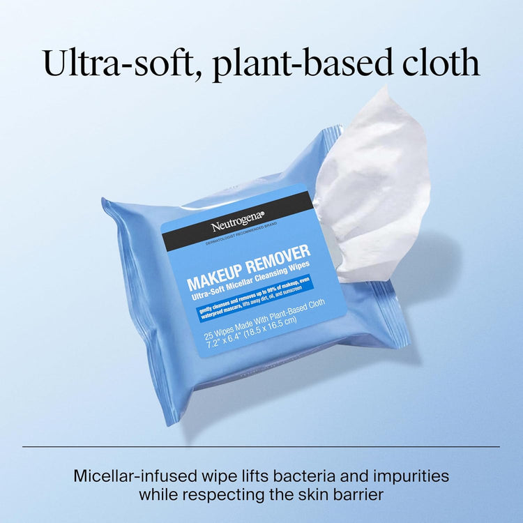 Makeup Remover Wipes Micellar Alcohol-Free Face Towelettes Remove Waterproof Mascara & Oil, Compostable 100% Plant-Based Cloth, Dermatologist & Ophthalmologist Tested, Twin Pack 2 X 25 Ct