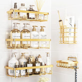 Caddy Shower Storage 5-Piece Set Self-Adhesive Stainless Steel Shelf No Drilling Required Rust-Resistant Pink Bathroom Decor Accessories for Shampoo & Body Wash