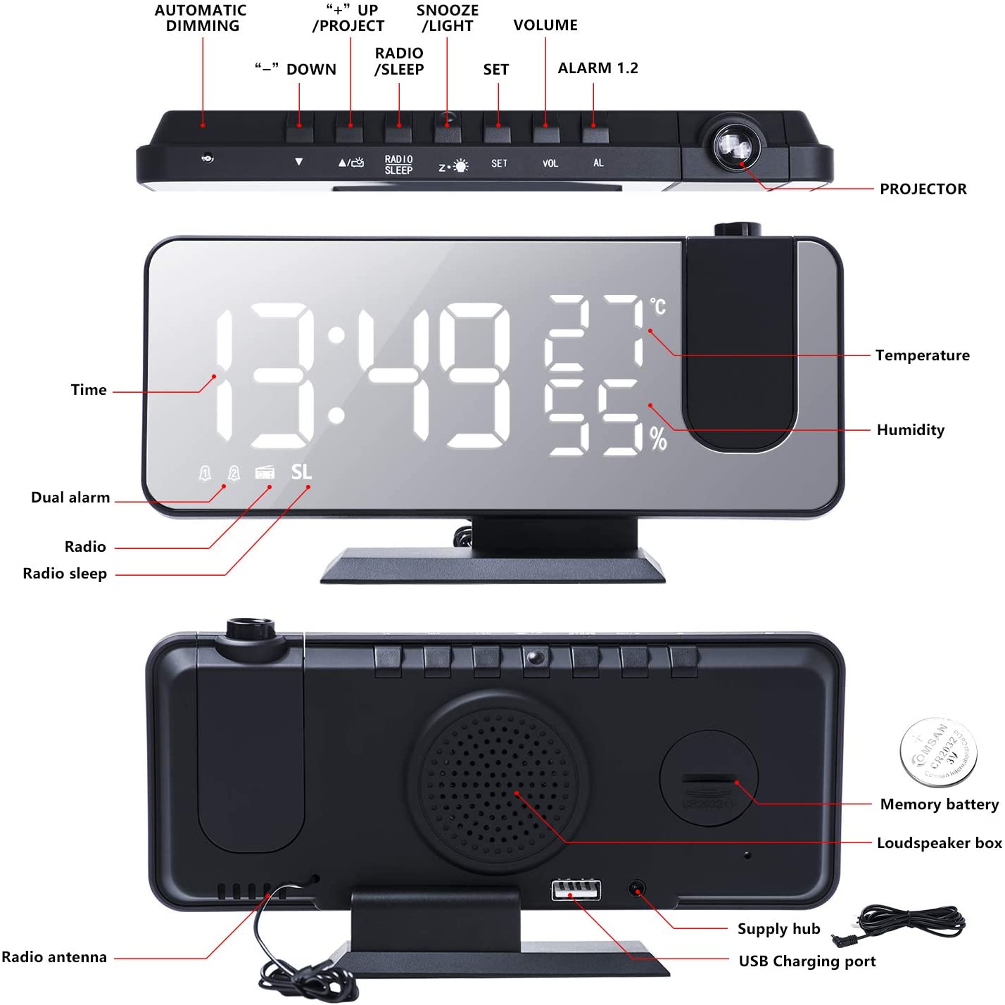 LED Projection Digital Alarm Clock Phone Charger - GBTech