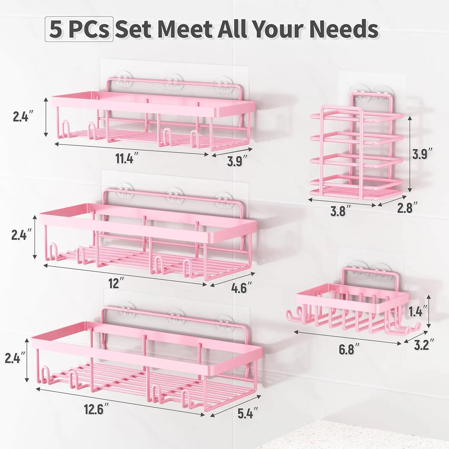 2026 Petit Bits Pink 5-Pack Rust-Proof Waterproof Shower Caddy Storage Rack with Toothbrush Soap Holder Durable Stainless Steel No Drilling Easy Installation Large Capacity Minimalist Design Bathroom Accessories Set Hollow