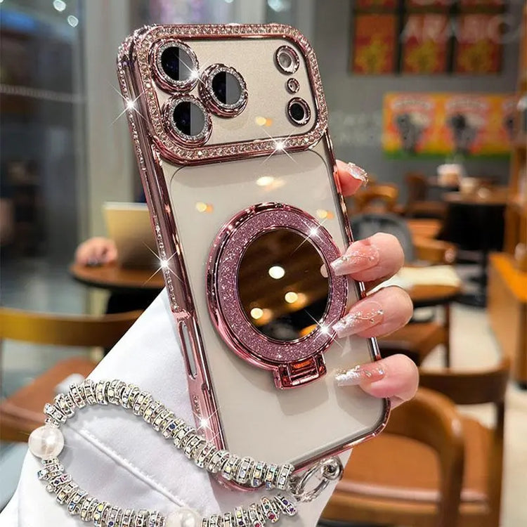 Luxury Shiny Mirror Iphone with Foldable Stand for Iphone 17 16 15 Pro Max - Aesthetic Makeup Cover for Women & Girls Anti-Fall Bow Pattern Game Design Four-Corner Shockproof Magnetic Phone Case Dust Proof Bracket Cool Leopard Print