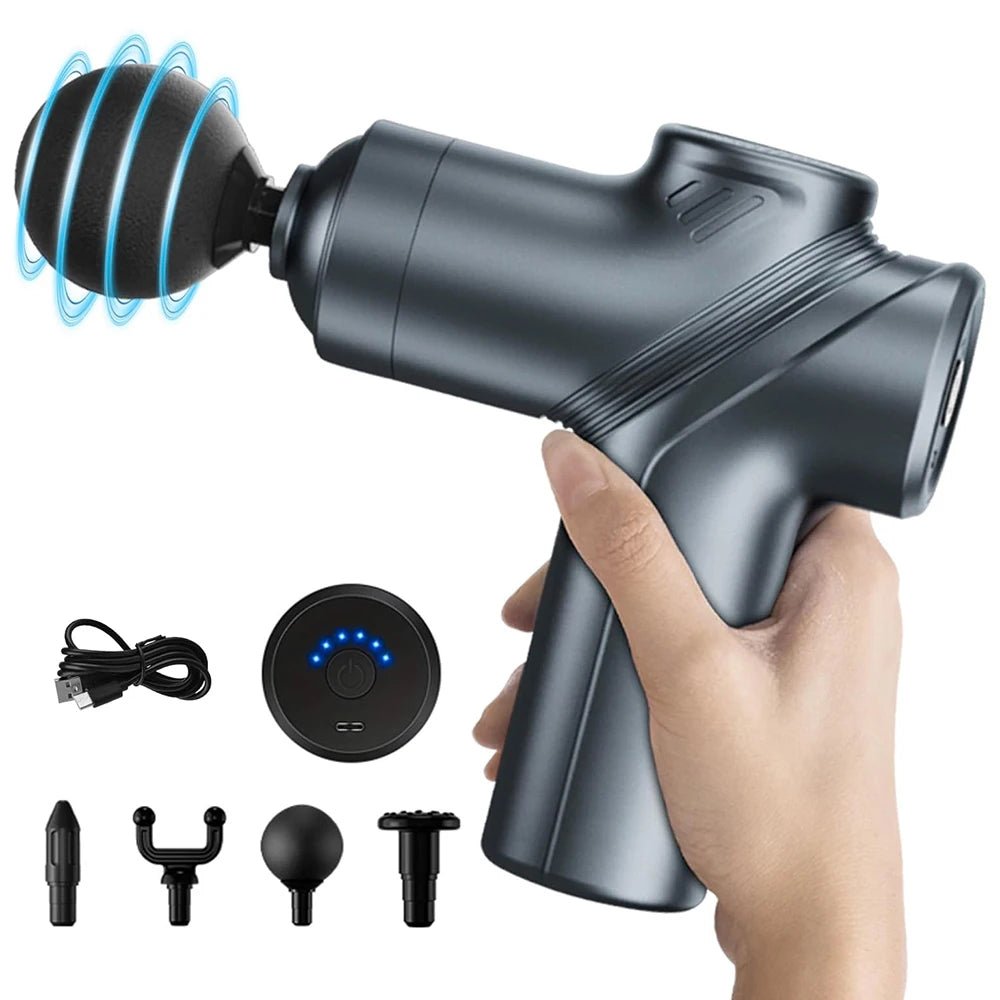 Deep Tissue Mini Massage Gun Muscle Percussion Massager for Athletes 4 Massages Head and 6 Speeds Grey - GBTech