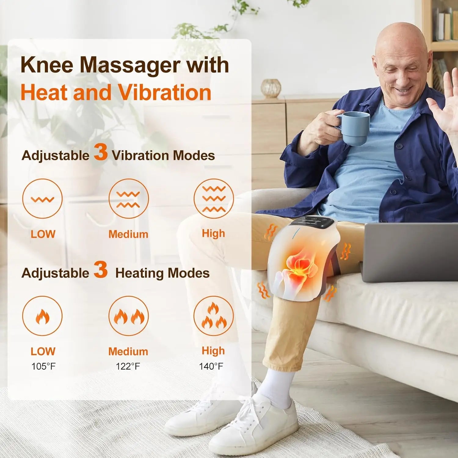 Cordless Knee Massager with Heat,Relax Knee Massage Helps Joint Stiff and Discomfort,3 Levels Heat & Vibration 10 Min Auto Off - GBTech