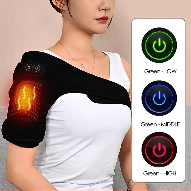 USB Electric Shoulder Brace Heated Knee Massager Vibration Massage Black Support Strap with Adjustable Three Levels of Heating - GBTech