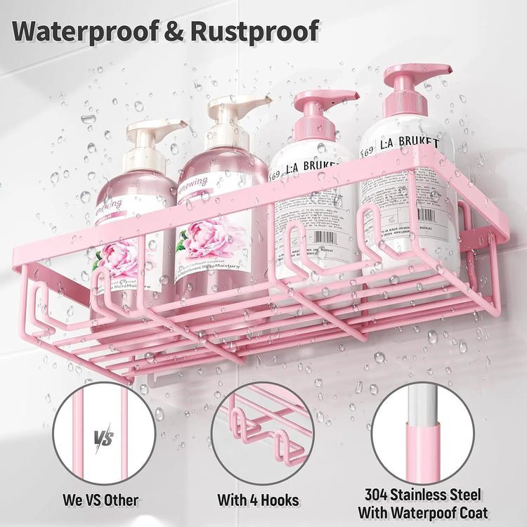 2026 Petit Bits Pink 5-Pack Rust-Proof Waterproof Shower Caddy Storage Rack with Toothbrush Soap Holder Durable Stainless Steel No Drilling Easy Installation Large Capacity Minimalist Design Bathroom Accessories Set Hollow