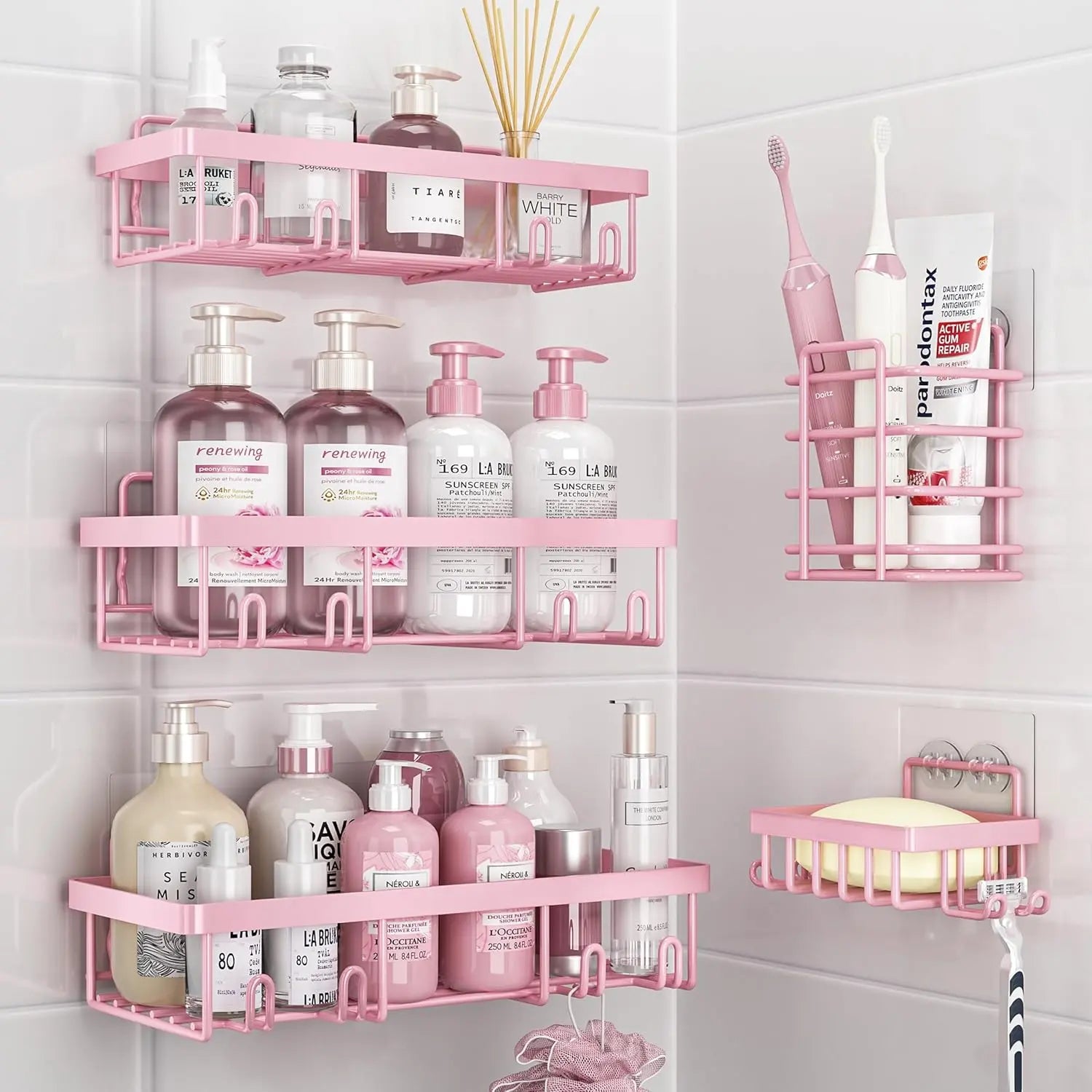Caddy Shower Storage 5-Piece Set Self-Adhesive Stainless Steel Shelf No Drilling Required Rust-Resistant Pink Bathroom Decor Accessories for Shampoo & Body Wash