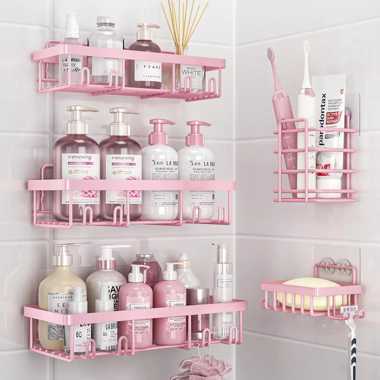Caddy Shower Storage 5-Piece Set Self-Adhesive Stainless Steel Shelf No Drilling Required Rust-Resistant Pink Bathroom Decor Accessories for Shampoo & Body Wash