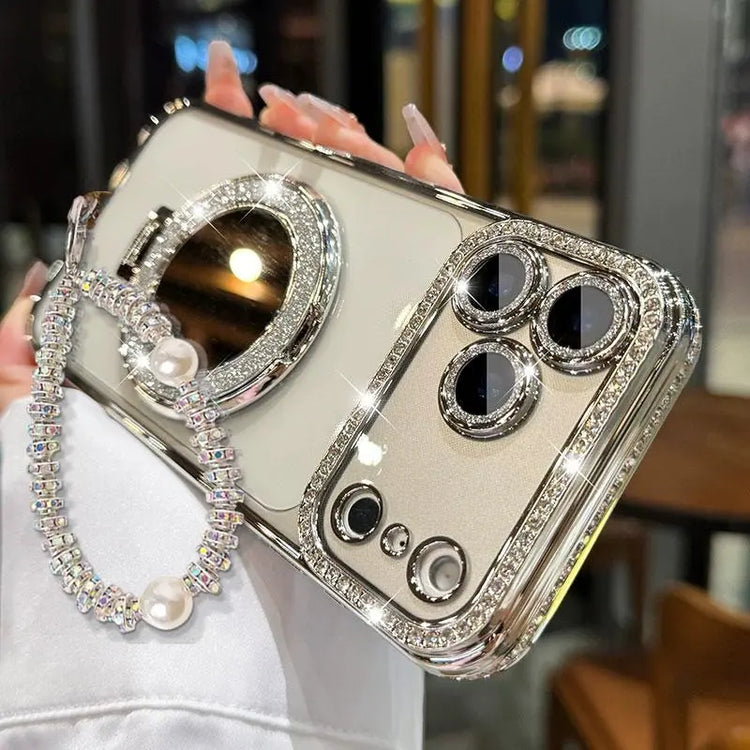 Luxury Shiny Mirror Iphone with Foldable Stand for Iphone 17 16 15 Pro Max - Aesthetic Makeup Cover for Women & Girls Anti-Fall Bow Pattern Game Design Four-Corner Shockproof Magnetic Phone Case Dust Proof Bracket Cool Leopard Print