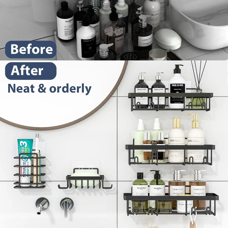 Caddy Shower Storage 5-Piece Set Self-Adhesive Stainless Steel Shelf No Drilling Required Rust-Resistant Pink Bathroom Decor Accessories for Shampoo & Body Wash